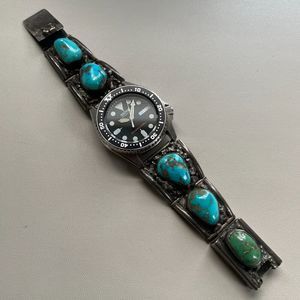 Vtg Navajo Turquoise Sterling Silver Watch Band - Signed: LL, Lloyd Long
